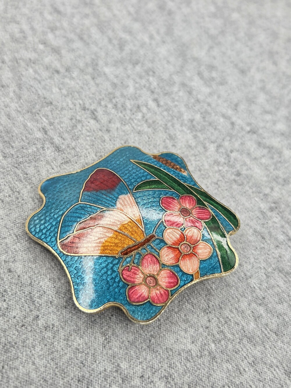 Vintage Cloisonne Enamel Butterfly Floral Belt Buckle Turquoise Blue Womens